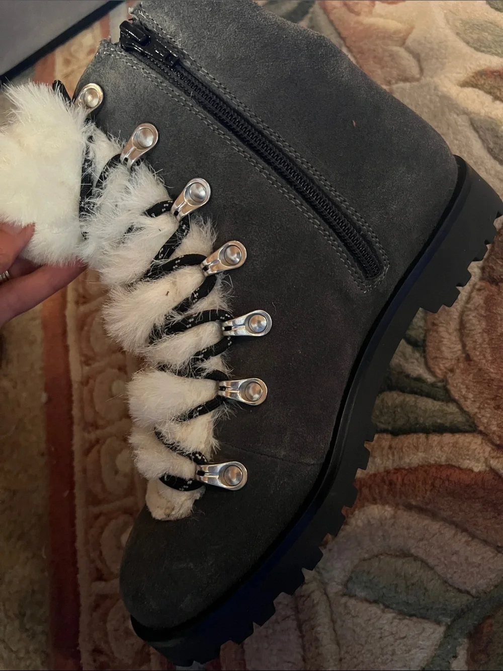 BearPaw Women’s Gray Suede Faux-Fur Lace-Up Winter Boots with Cream Fur Trim
